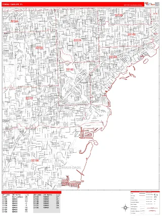Coral Gables, FL RedLine style ZIP Code wall map