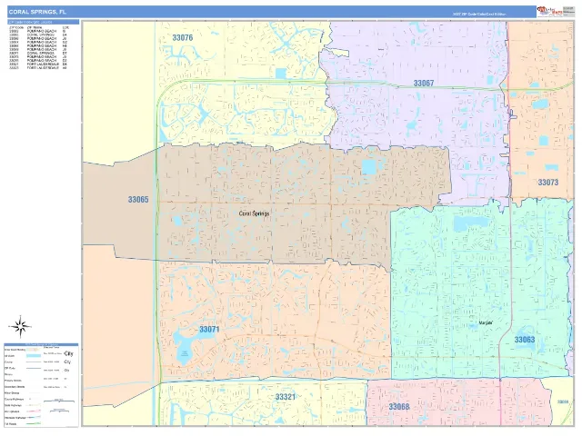 Coral Springs, FL ZIP Code Wall Map, ColorCast style