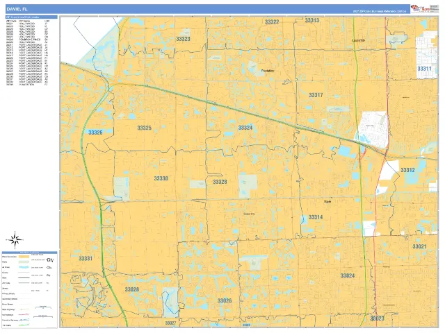 Davie, FL ZIP Code Wall Map, Business Reference style