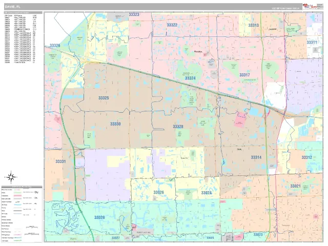 Davie, FL ZIP Code Wall Map, Classic style