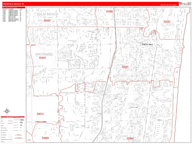 Deerfield Beach, FL ZIP Code Wall Map, RedLine style