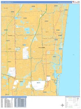 Fort Lauderdale, FL Business Reference style ZIP Code wall map