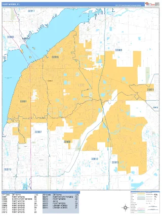 Fort Myers, FL Business Reference style ZIP Code wall map