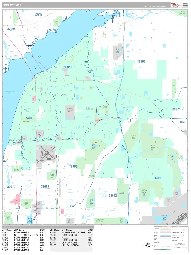Fort Myers, FL ZIP Code Wall Map, Classic style