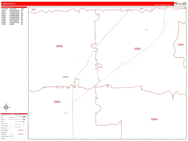 Homestead, FL ZIP Code Wall Map, RedLine style