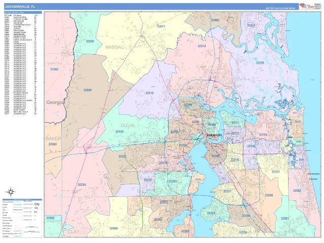 Jacksonville, FL ZIP Code Wall Map, ColorCast style