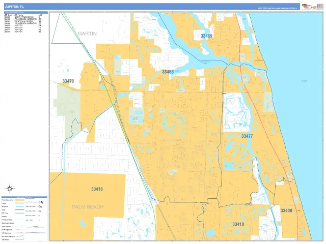 Jupiter, FL ZIP Code Wall Map, Business Reference style