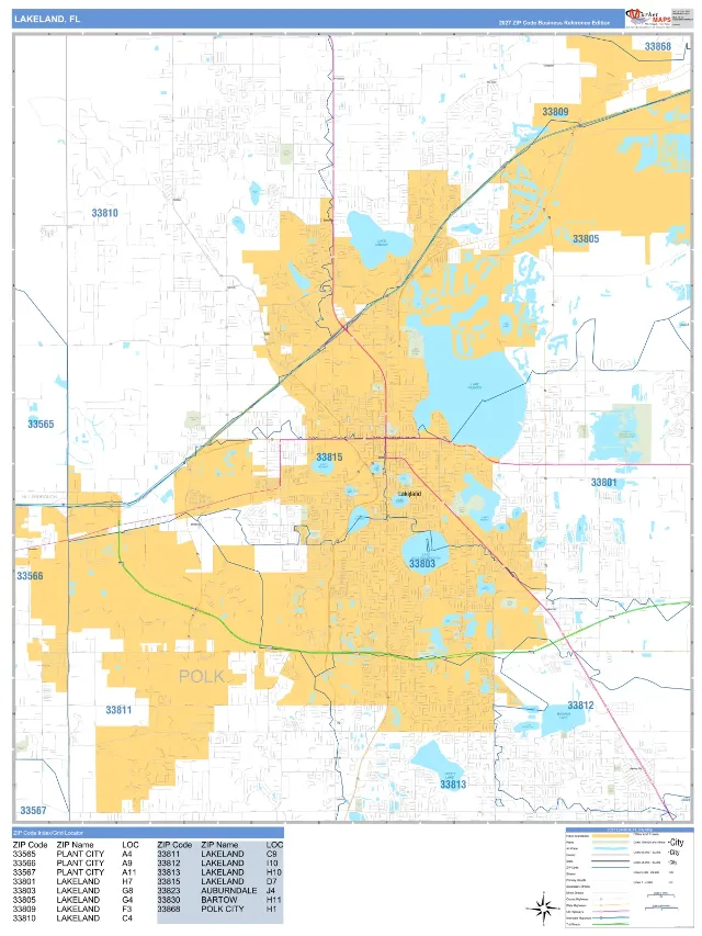 Lakeland, FL ZIP Code Wall Map, Business Reference style