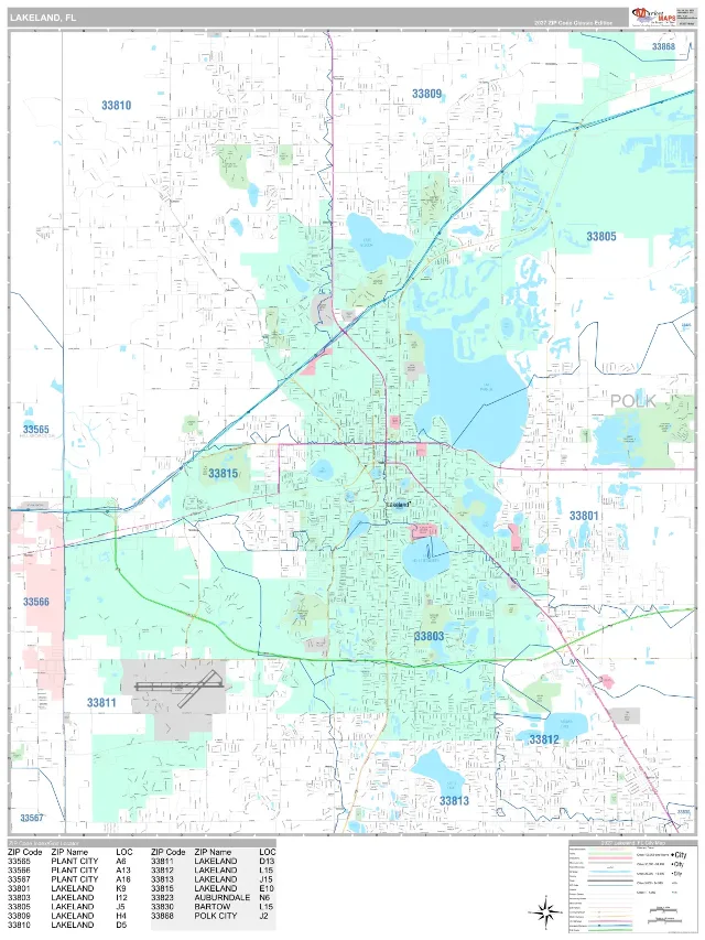 Lakeland, FL ZIP Code Wall Map, Classic style