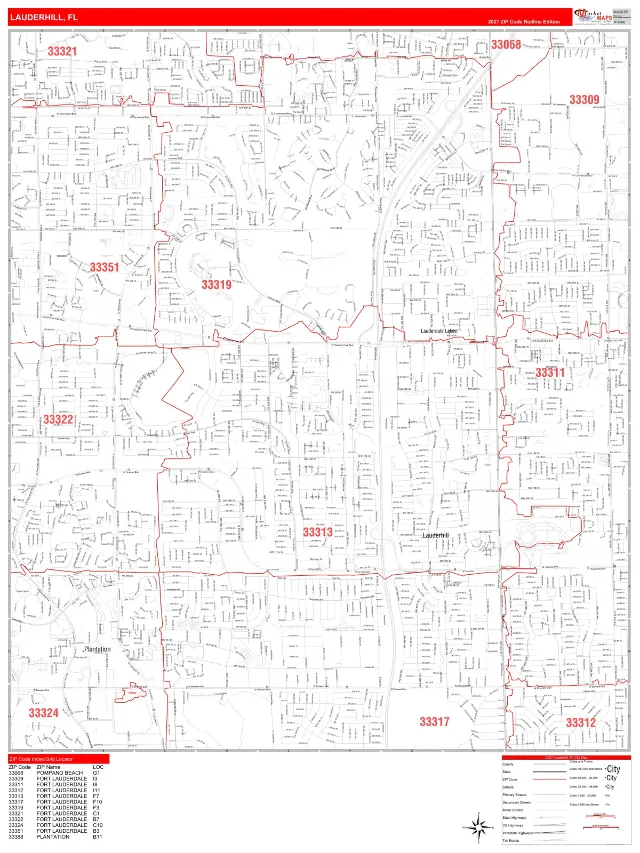 Lauderhill, FL ZIP Code Wall Map, RedLine style