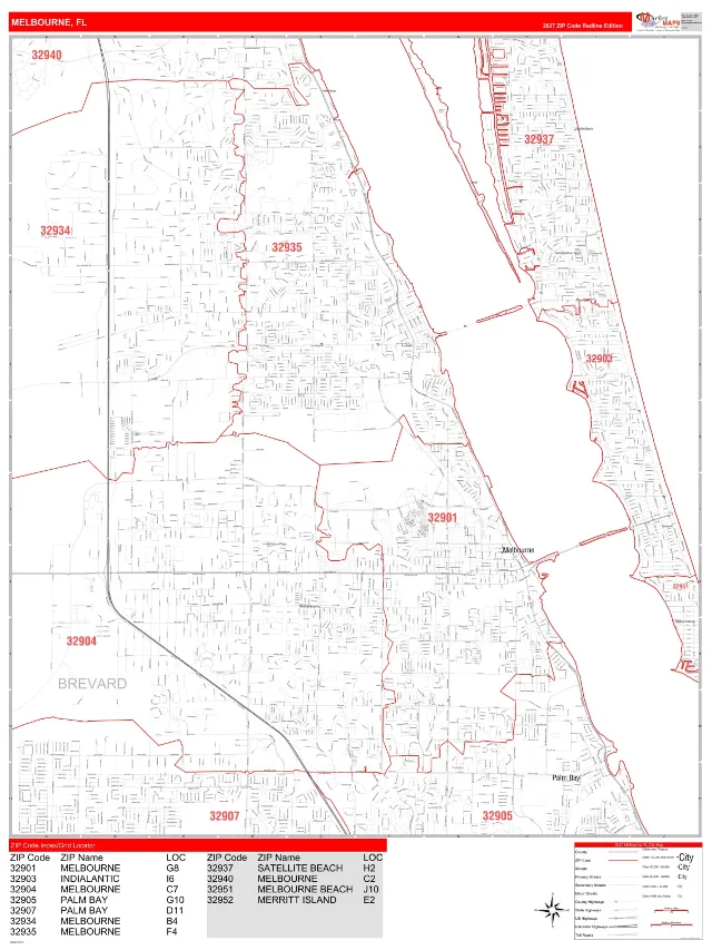 Melbourne, FL ZIP Code Wall Map, RedLine style