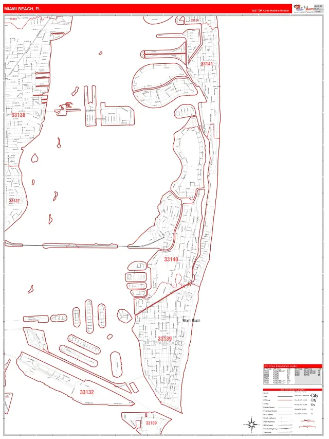 Miami Beach, FL ZIP Code Wall Map, RedLine style