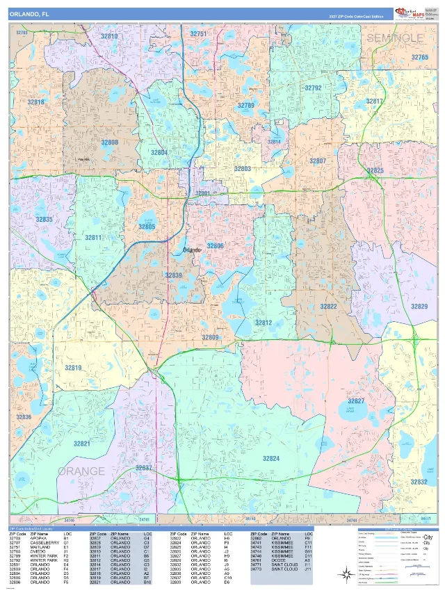 Orlando, FL ZIP Code Wall Map, ColorCast style