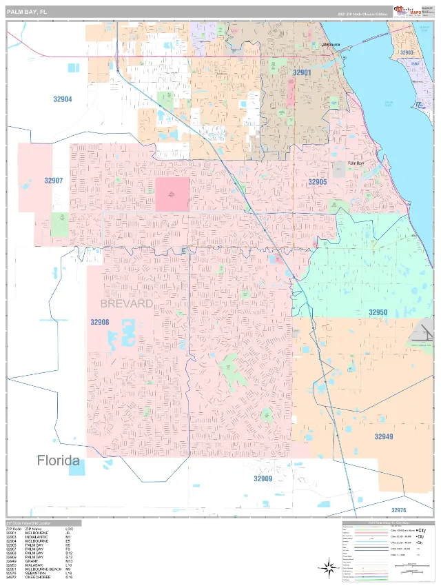 Palm Bay, FL ZIP Code Wall Map, Classic style