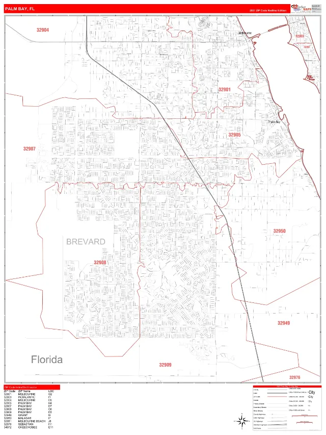 Palm Bay, FL ZIP Code Wall Map, RedLine style