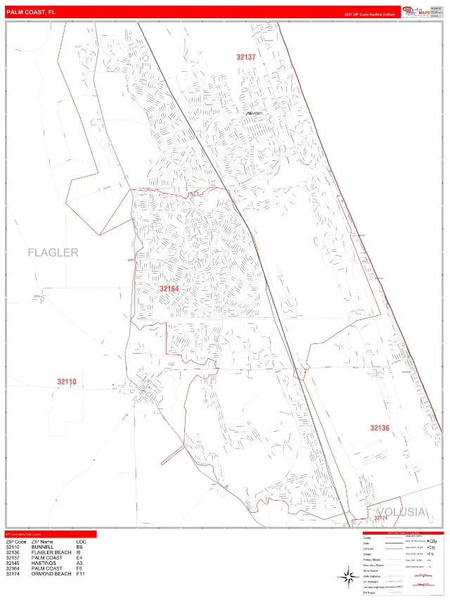 Palm Coast, FL ZIP Code Wall Map, RedLine style