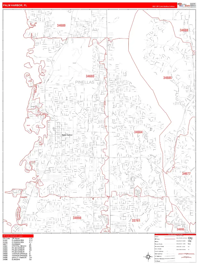 Palm Harbor, FL ZIP Code Wall Map, RedLine style