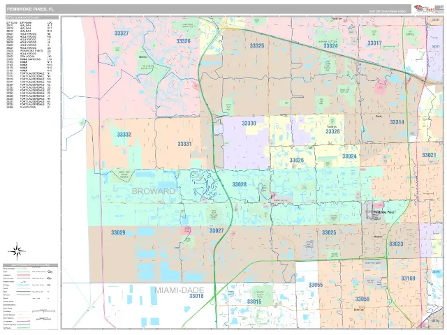 Pembroke Pines, FL ZIP Code Wall Map, Classic style