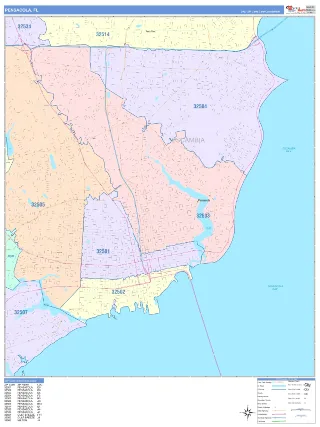 Pensacola, FL ColorCast style ZIP Code wall map