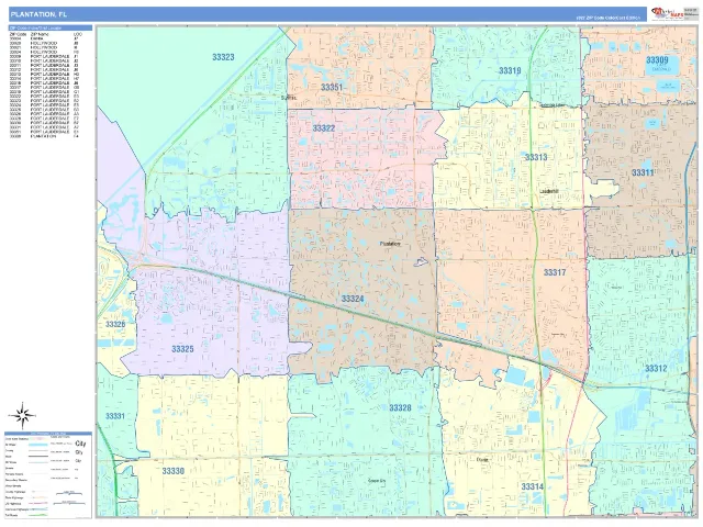 Plantation, FL ZIP Code Wall Map, ColorCast style