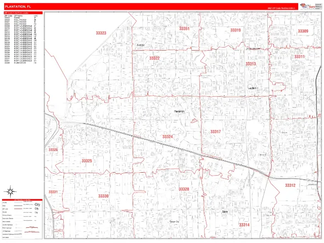 Plantation, FL ZIP Code Wall Map, RedLine style