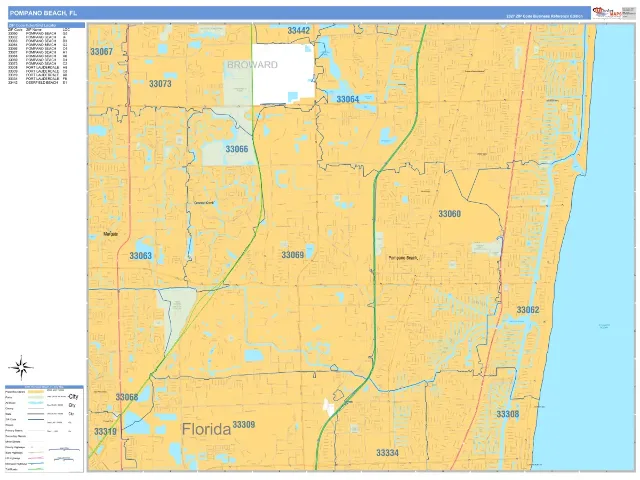 Pompano Beach, FL ZIP Code Wall Map, Business Reference style