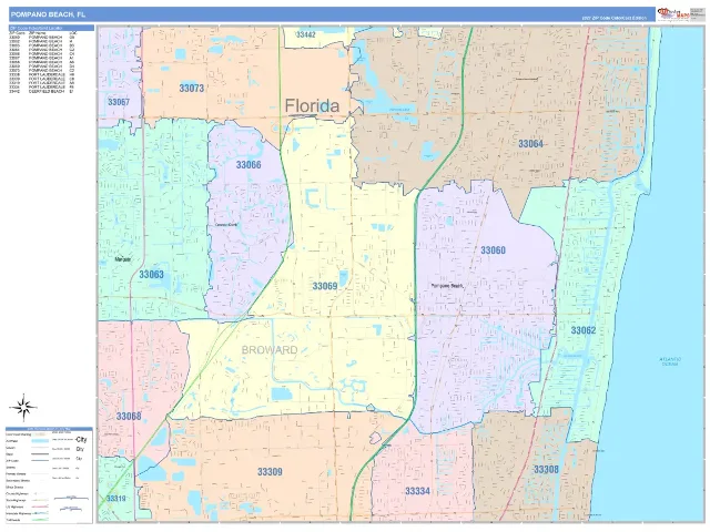 Pompano Beach, FL ZIP Code Wall Map, ColorCast style
