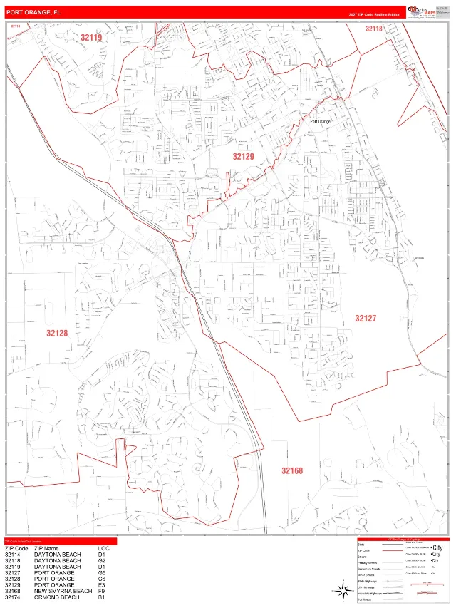 Port Orange, FL ZIP Code Wall Map, RedLine style