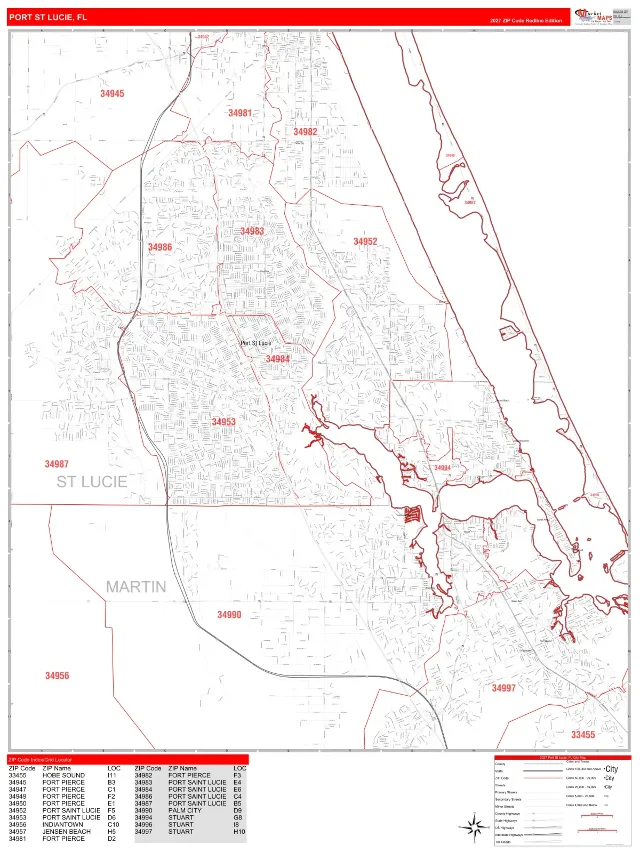 Port St Lucie, FL ZIP Code Wall Map, RedLine style