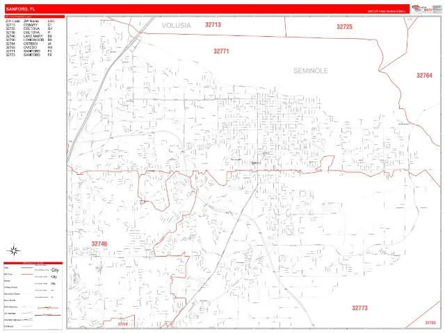 Sanford, FL ZIP Code Wall Map, RedLine style