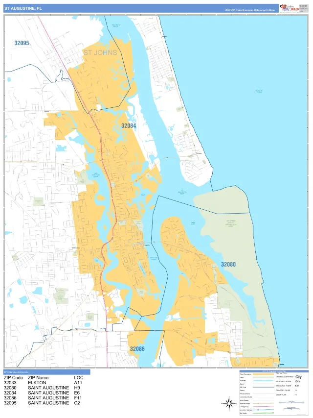 St. Augustine, FL ZIP Code Wall Map, Business Reference style