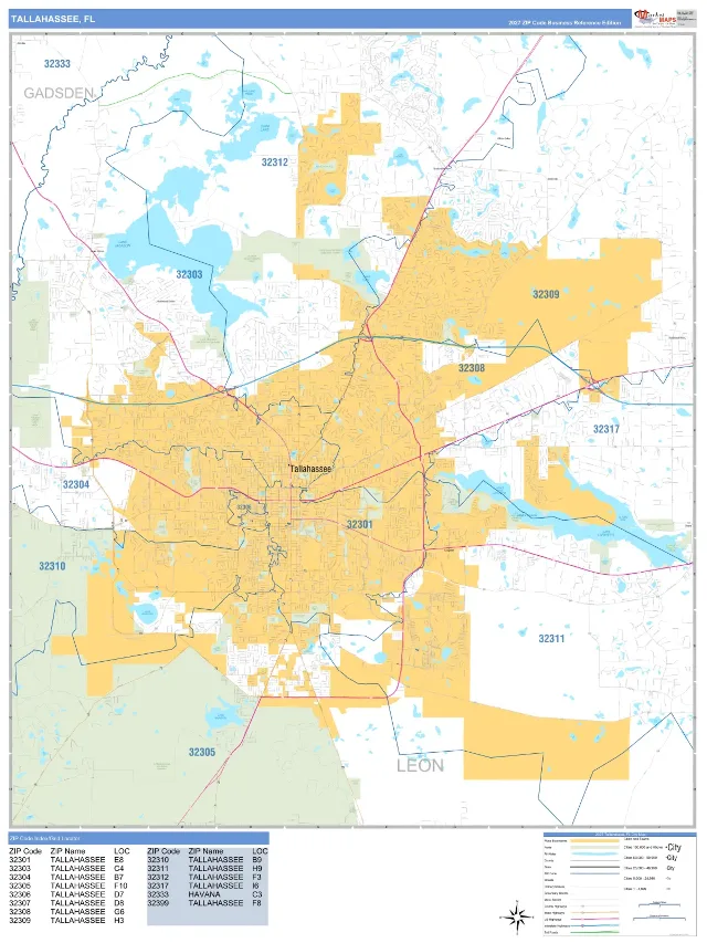 Tallahassee, FL ZIP Code Wall Map, Business Reference style