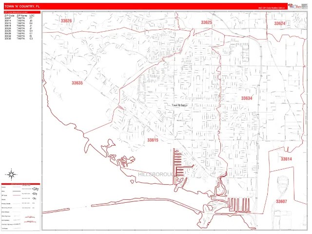 Town 'n' Country, FL ZIP Code Wall Map, RedLine style
