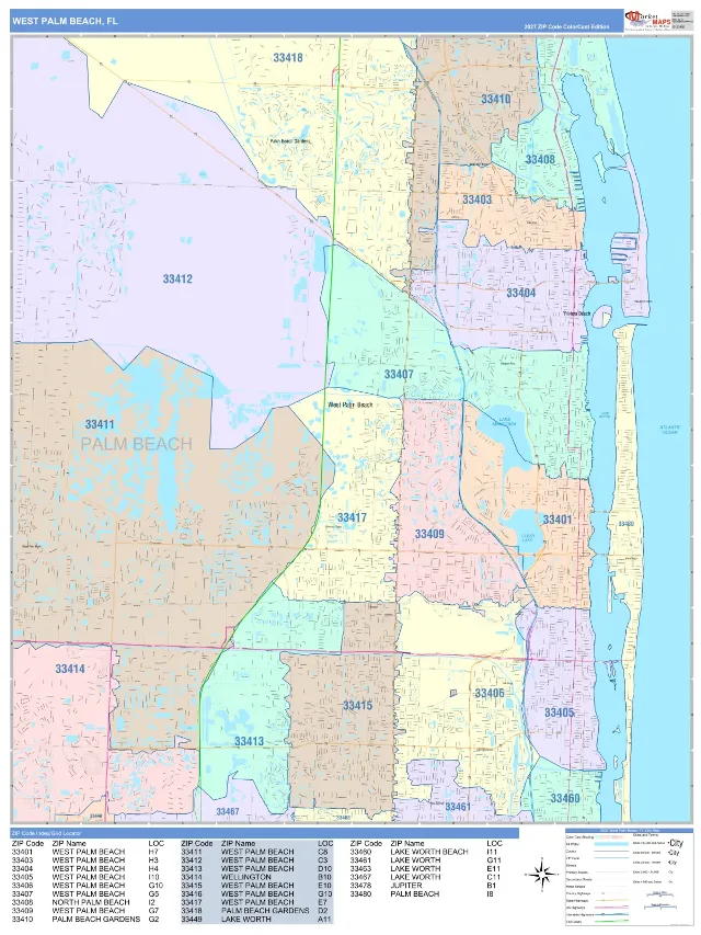 West Palm Beach, FL ZIP Code Wall Map, ColorCast style