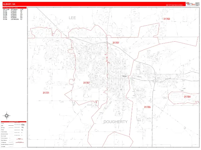 Albany, GA ZIP Code Wall Map, RedLine style
