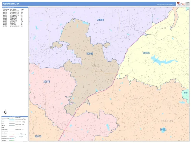 Alpharetta, GA ZIP Code Wall Map, ColorCast style