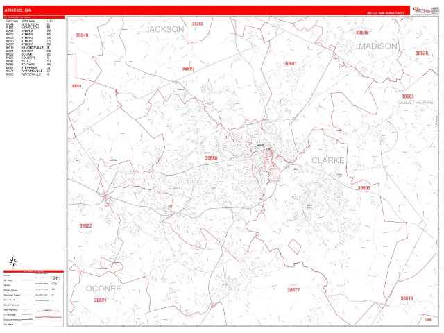 Athens, GA ZIP Code Wall Map, RedLine style