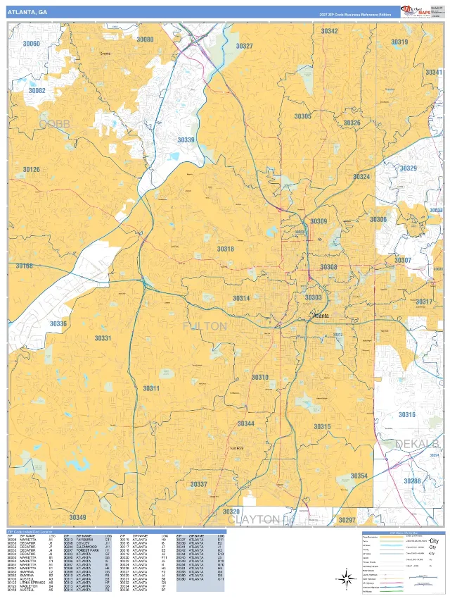 Atlanta, GA ZIP Code Wall Map, Business Reference style