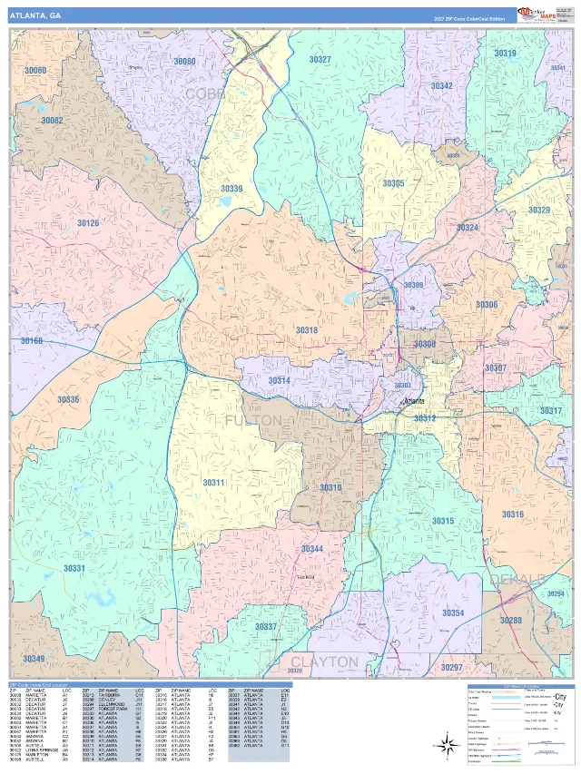 Atlanta, GA ZIP Code Wall Map, ColorCast style