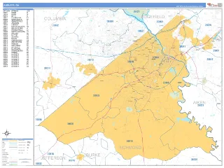 Augusta, GA Business Reference style ZIP Code wall map
