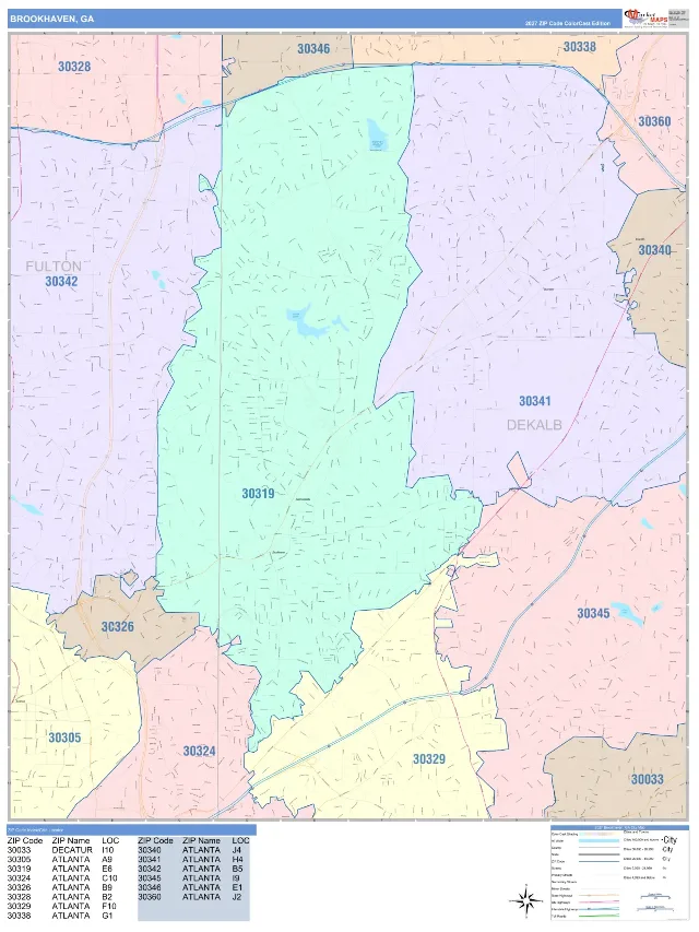 Brookhaven, GA ZIP Code Wall Map, ColorCast style