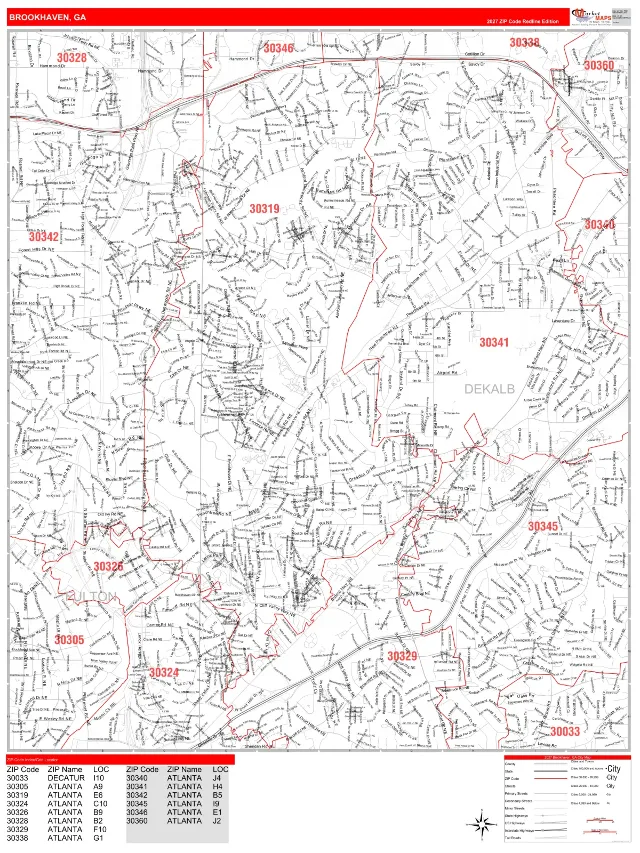Brookhaven, GA ZIP Code Wall Map, RedLine style