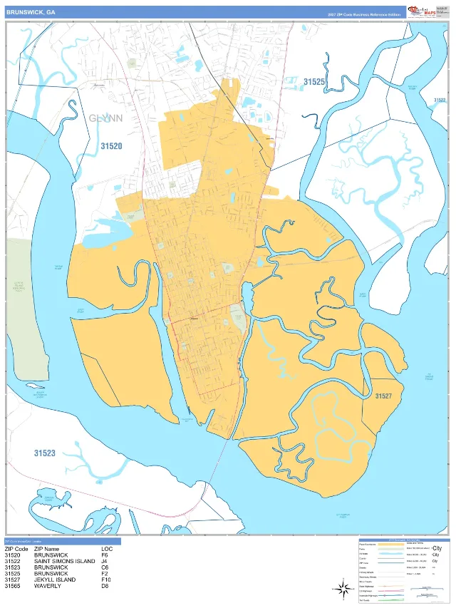 Brunswick, GA ZIP Code Wall Map, Business Reference style