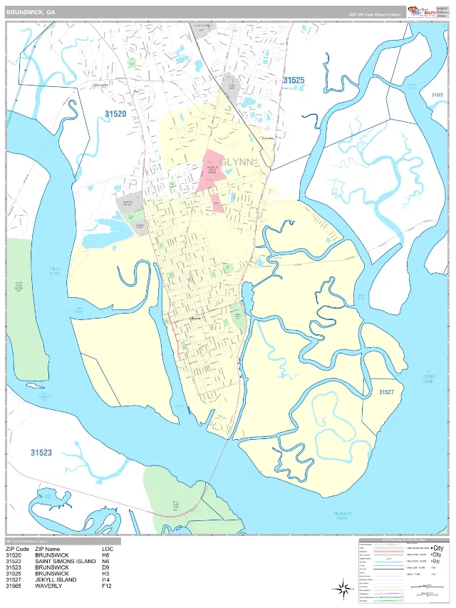 Brunswick, GA ZIP Code Wall Map, Classic style