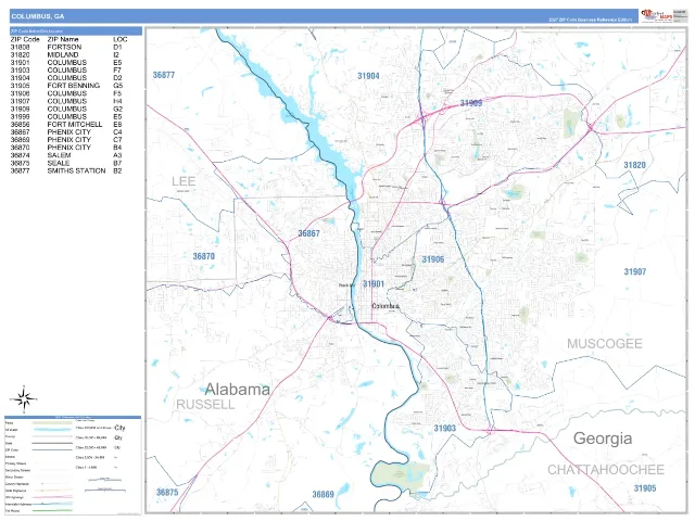 Columbus, GA ZIP Code Wall Map, Business Reference style