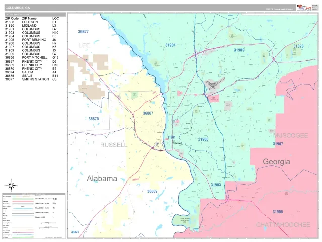 Columbus, GA ZIP Code Wall Map, Classic style