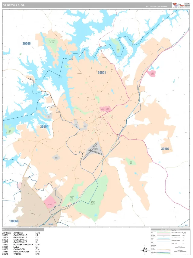 Gainesville, GA ZIP Code Wall Map, Classic style