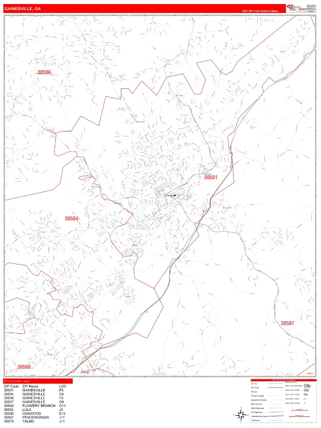 Gainesville, GA ZIP Code Wall Map, RedLine style