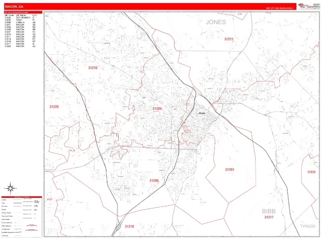 Macon, GA ZIP Code Wall Map, RedLine style