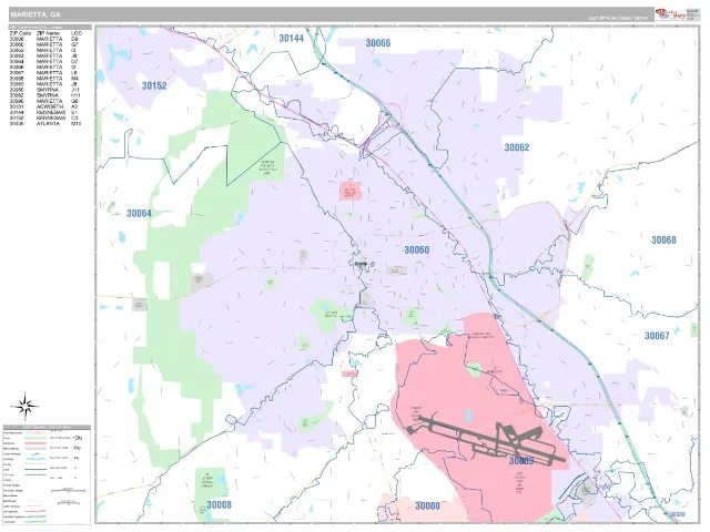 Marietta, GA ZIP Code Wall Map, Classic style